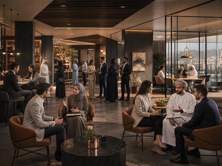 Concept visualization — members collaborating around a shared co-working table