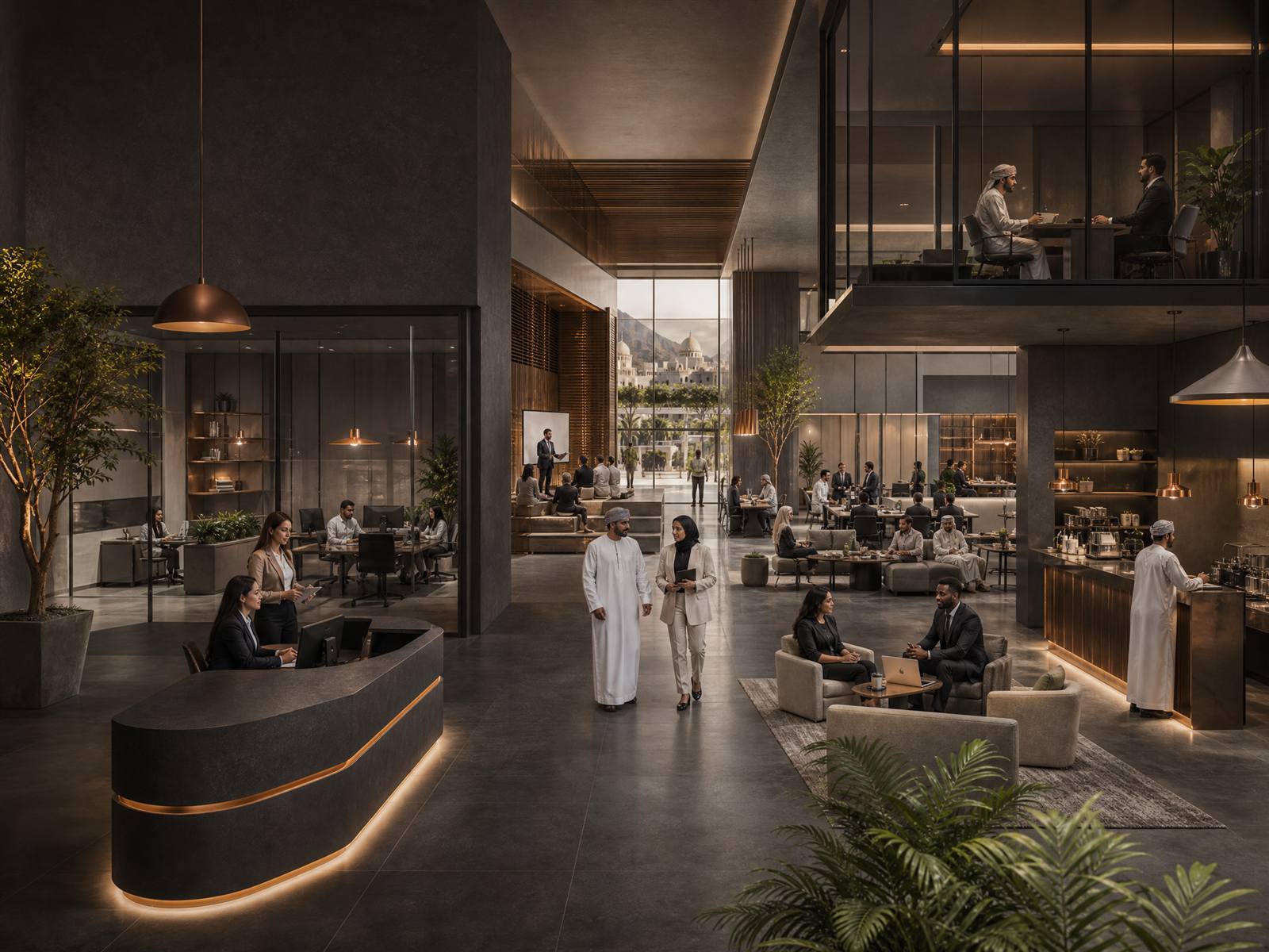 Concept visualization of the ACACIA experience — a lobby at dusk in charcoal stone and copper light