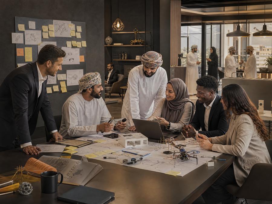 تصور مبدئي — اجتماع فريق حول طاولة عمل