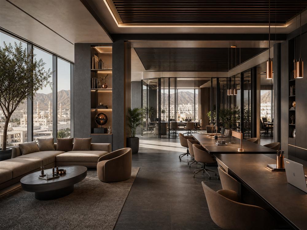 Concept visualization of a private executive office with Muscat mountain views