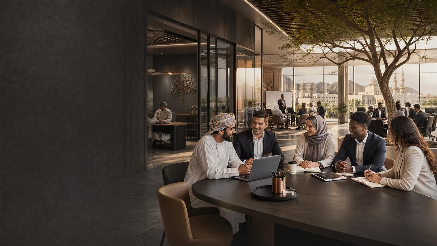 Concept visualization — a tree growing through the ACACIA workspace, Muscat's mosque and mountains beyond the glass